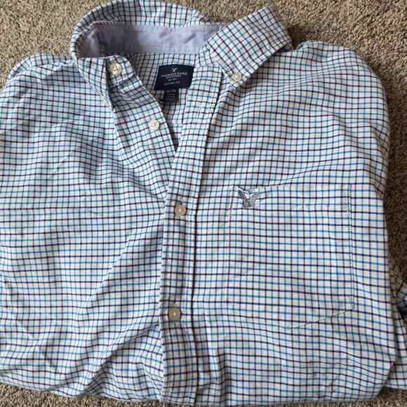 American Eagle Button Up Checked Shirt Size Xl Classic Fit Long Sleeve Blue - Picture 5 of 10